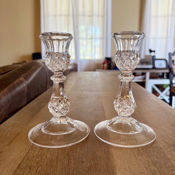 Vintage Longchamp Cristal d'Arques Candlesticks Diamond Point Clear Glass - Picture 5 of 5